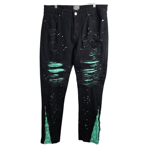 Men's ROCK SALT Straight Leg Distressed Jeans BLACK GREEN sz 38 Grunge Destroyed - Picture 1 of 8